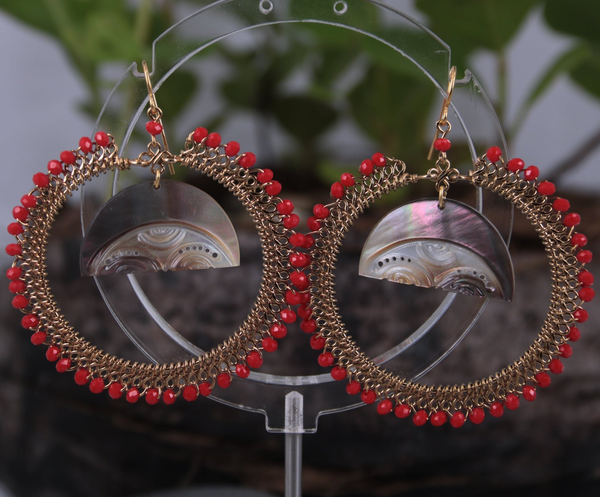bohemian earrings with tahitian mother of pearl and maori designs by Prokop Tahiti