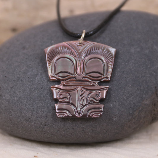 Necklace Tiki engraved sculpted polynesian mother of pearl by Prokop Tahiti
