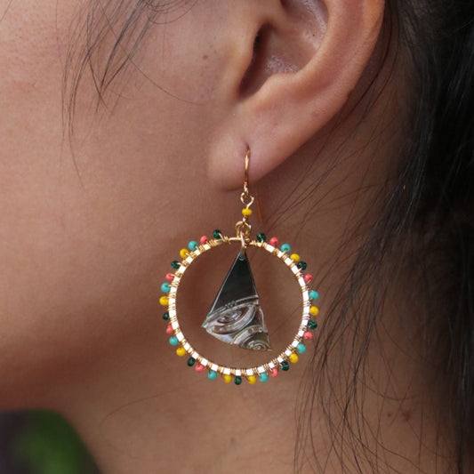 Boho earrings with engraved tahitian mother of pearl by Prokop Tahiti
